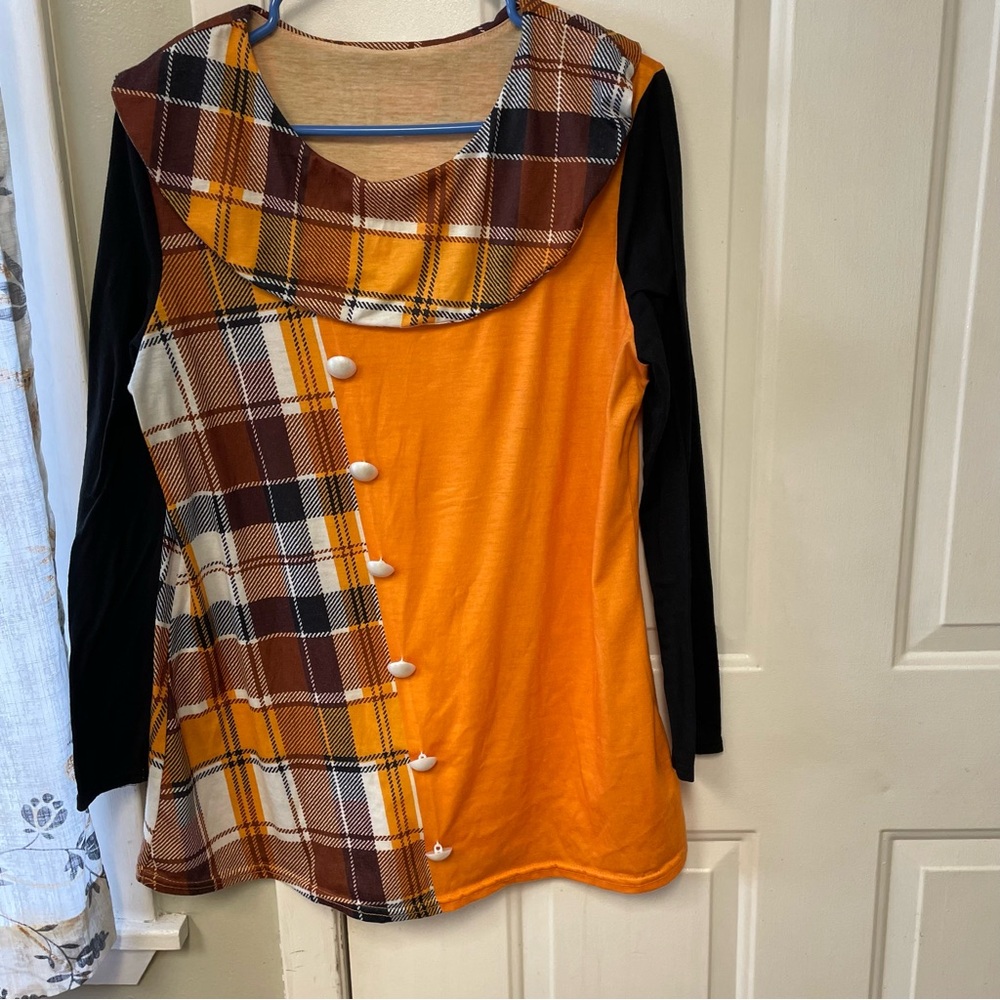 Orange Plaid Tunic with Black Sleeves